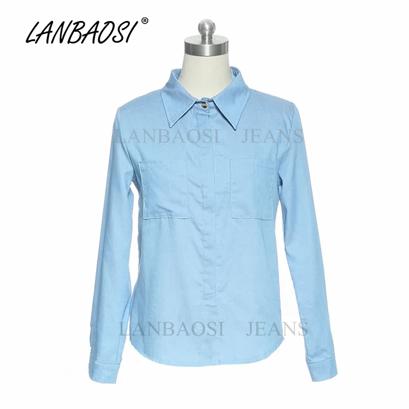 LANBAOSI джинсовые женские светло голубые рубашки повседневные свободные из хлопка