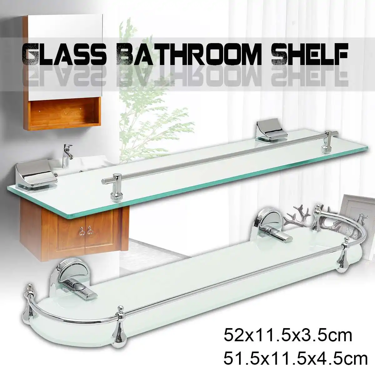 

52cm Bathroom Glass Bath Shower Shelf Holder Organizer Single Layer Modern Style Glass Bathroom Shelves