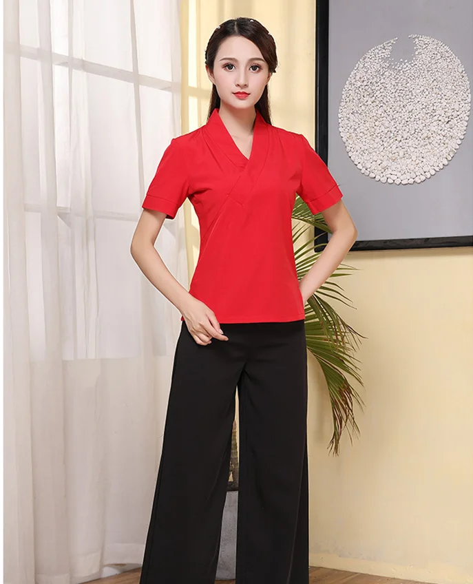 Red short sleeve Косметолога, рабочая одежда, новинка, Женский костюм техника, педикюр, сауна, униформа для женщин, салон красоты, спа, рабочая одежда - Цвет: Red short sleeve