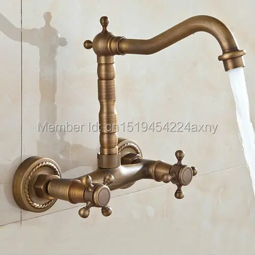 

Free shipping Retro Kitchen Mixer Faucet Wall Mounted Double Handle Antique Brass Finish Bathroom hot&cold swivel mixer Tap GI85