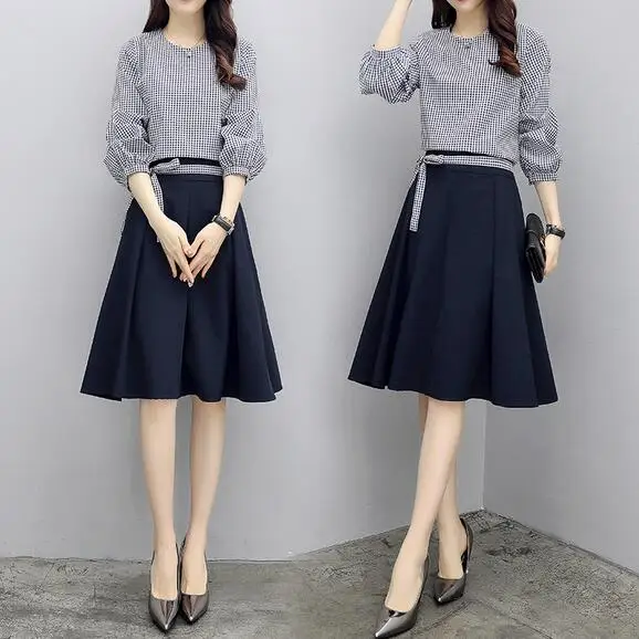 Комплект из 2 предметов с клетчатым рукавом фонариком и юбкой Saia Midi Jupe Femme Conjunto