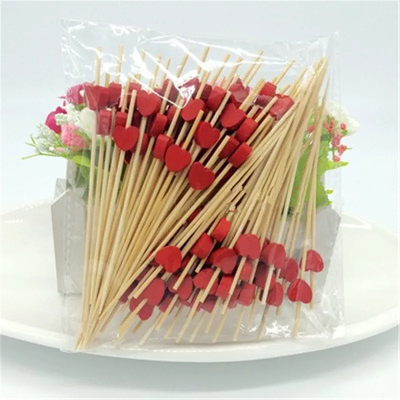 

100pc 12cm Heart Bamboo Food Picks Buffet Cupcake Fruit Fork Party Cake Dessert Salad Vegetable Sticks Cocktail Toothpick Skewer