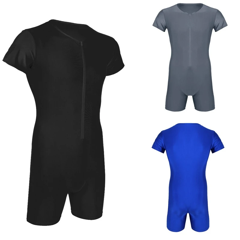 Newest Mens One-piece swimsuit Short Sleeve Front Zipper Boxer Briefs Bodysuit Leotard Underwear Male Swim Wear