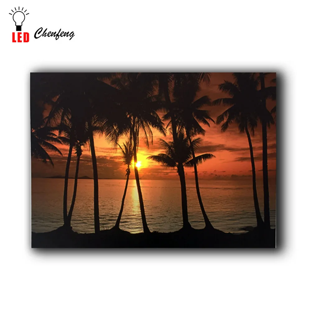 Led Canvas Sunset Ocean Mexico Palms Sky Nature Clouds Cozumel Palm Trees wall picture canvas painting light up printing artwork | Дом и сад