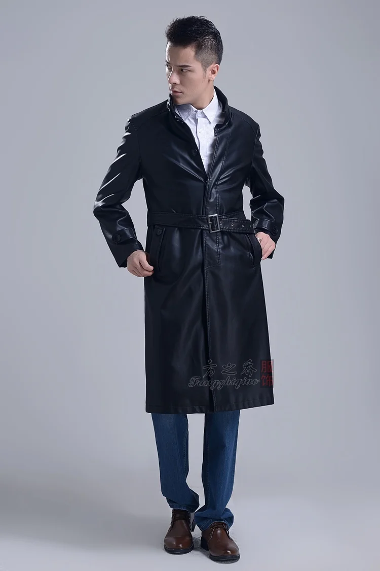 Мужской кожаный тренчкот с отложным воротником темно синий длинный из кожи осень