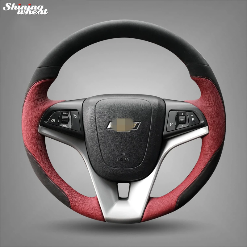 

BANNIS Hand-stitched Black Suede IndianRed Leather Car Steering Wheel Cover for Chevrolet Cruze Aveo