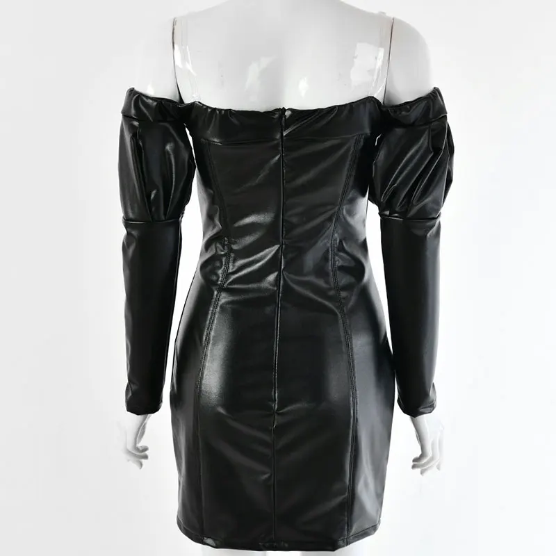 GACVGA 2019 PU Leather Autumn Dress Women Strapless Sexy Club Party Dresses Long Sleeve Mini Bodycon Vestidos | Женская одежда