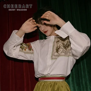 Рубашка Cheerart с длинным рукавом, Женский Топ, блузка с цветочным принтом, свободная рубашка, низкая блузка, белая дизайнерская рубашка, модная одежда