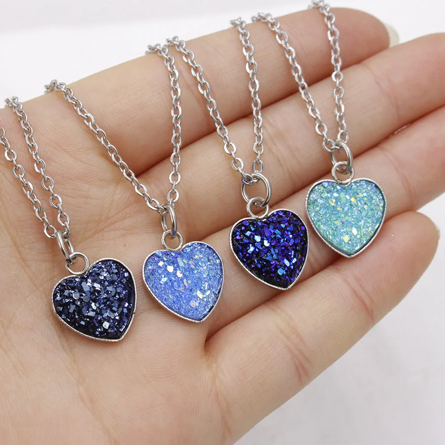 Fnixtar нержавеющая сталь любовь сердце Drusy смолы круглый кабошон подвески Длина 40(1") 45 см(18") 50 см 2" 20 шт./лот