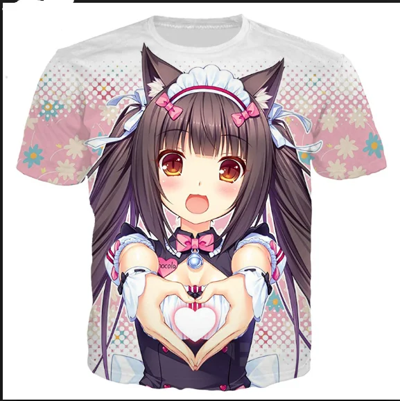 Новинка лета 2019 Милая футболка с 3D принтом в стиле аниме Nekopara Chocolat Vanilla для