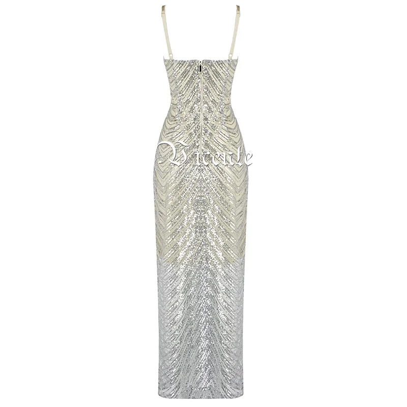 VC HOT 2020 New Chic Sequins Embellished Sexy Spagehtti Strap Mesh Splicing Celebrity Party Slip Dress | Женская одежда