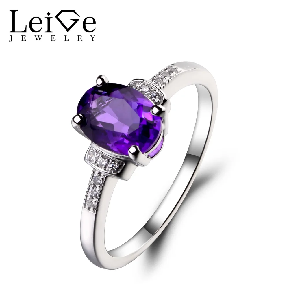 

Leige Jewelry 925 Sterling Silver Natural Amethyst Ring Oval Cut Gemstone February Birthstone Promise Engagement Rings for Women