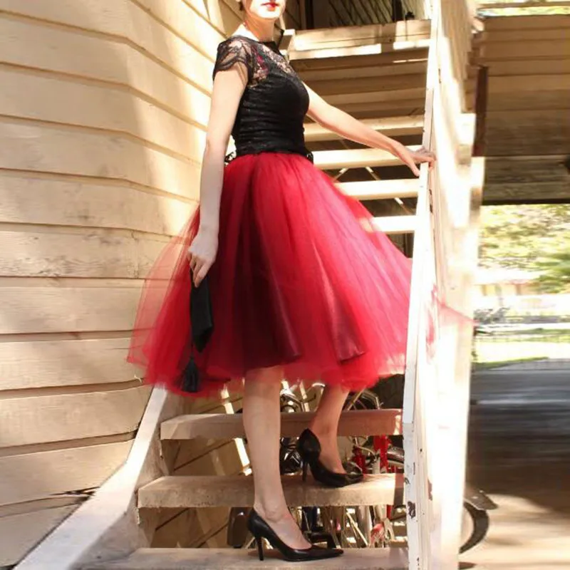 

Fashion Latest Designs Women Puffy Tulle Skirts Knee Length Burgundy Ball Gown Tutu Skirt Faldas Saias Custom