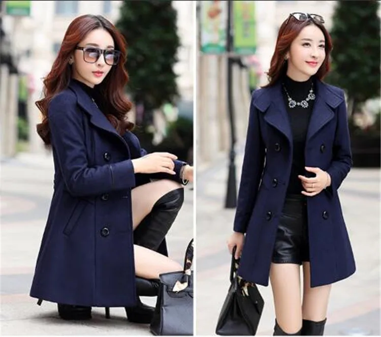 Navy Blue Осенне-зимнее женское Шерстяное Пальто, Куртки, двубортное тонкое пальто, женское облегающее длинное пальто, топы, Casaco Feminino - Цвет: Navy Blue