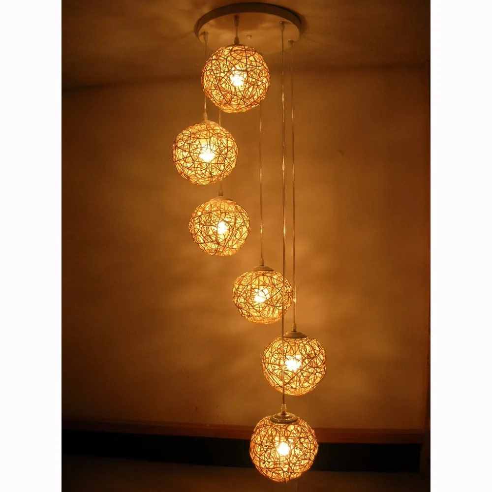 Подвесной светильник из натурального ротанга с 6 шариками плетеный для гостиной