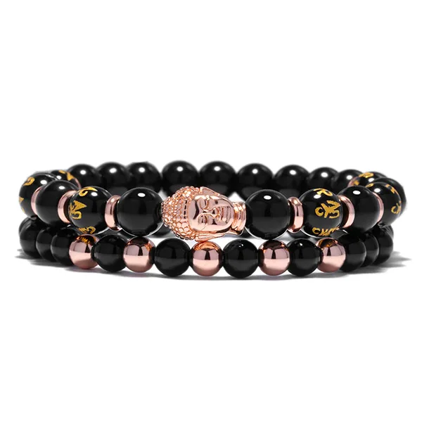RoseGold 2 шт./компл. Шарм мужской браслет с бисерамы Homme ювелирные изделия с черным натуральным камнем бусины Будда голова религиозная энергия браслеты для женщин подарок - Окраска металла: RoseGold