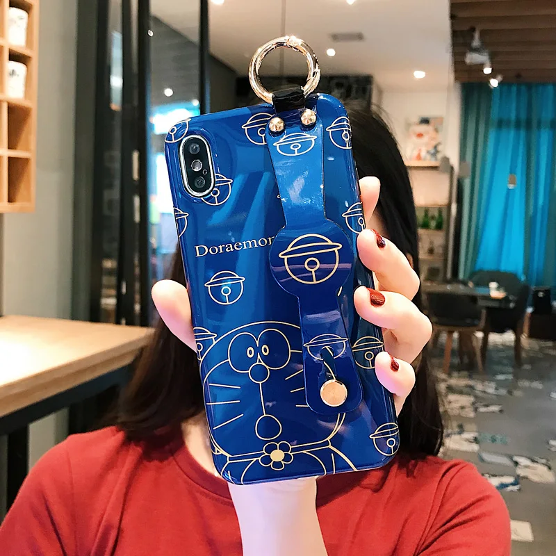 Мягкий чехол из ТПУ с ремешком на запястье для iphone XS max милый Doraemon 8 plus 7 6 S p X XR