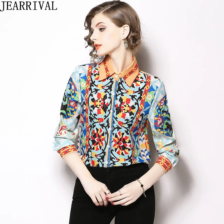 Женские топы и блузки высокого качества с длинным рукавом принтом в стиле ретро