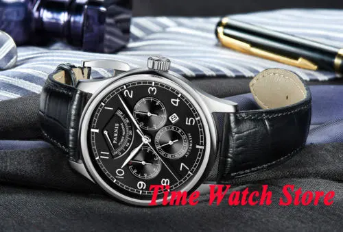 Мужские многофункциональные часы parnis 42 мм с черным циферблатом сапфировое