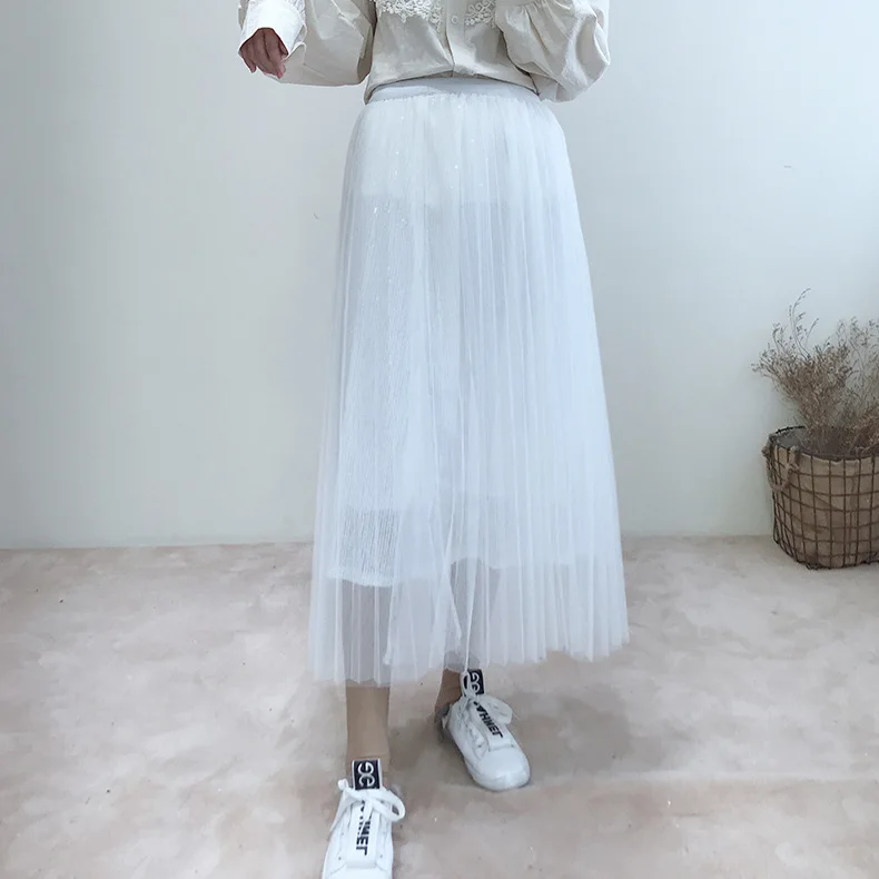 ALPHALMODA, Весенняя юбка макси, модная, расшитая блестками, газовая юбка, одноцветная, высокая талия, блестящая, с блестками, стильная, трендовая юбка