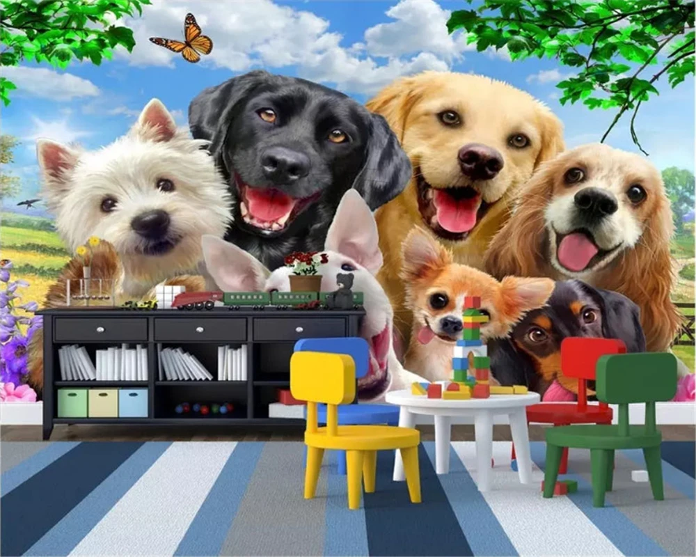 

beibehang papel de parede Cute cartoon wallpaper A group of dogs on the grass self - portrait like children 's house back wall
