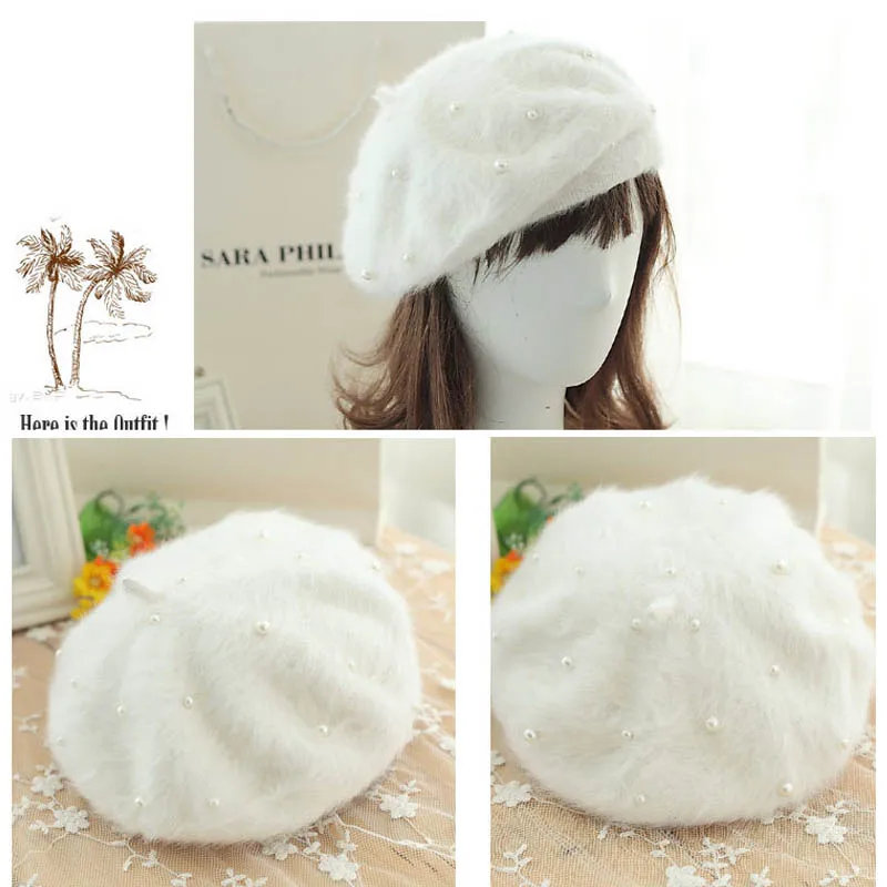 

Fashion Sweet Thickened Soft Acrylic Rabbit Fur Beanie Bonnets with Pearls for girls Beret hat