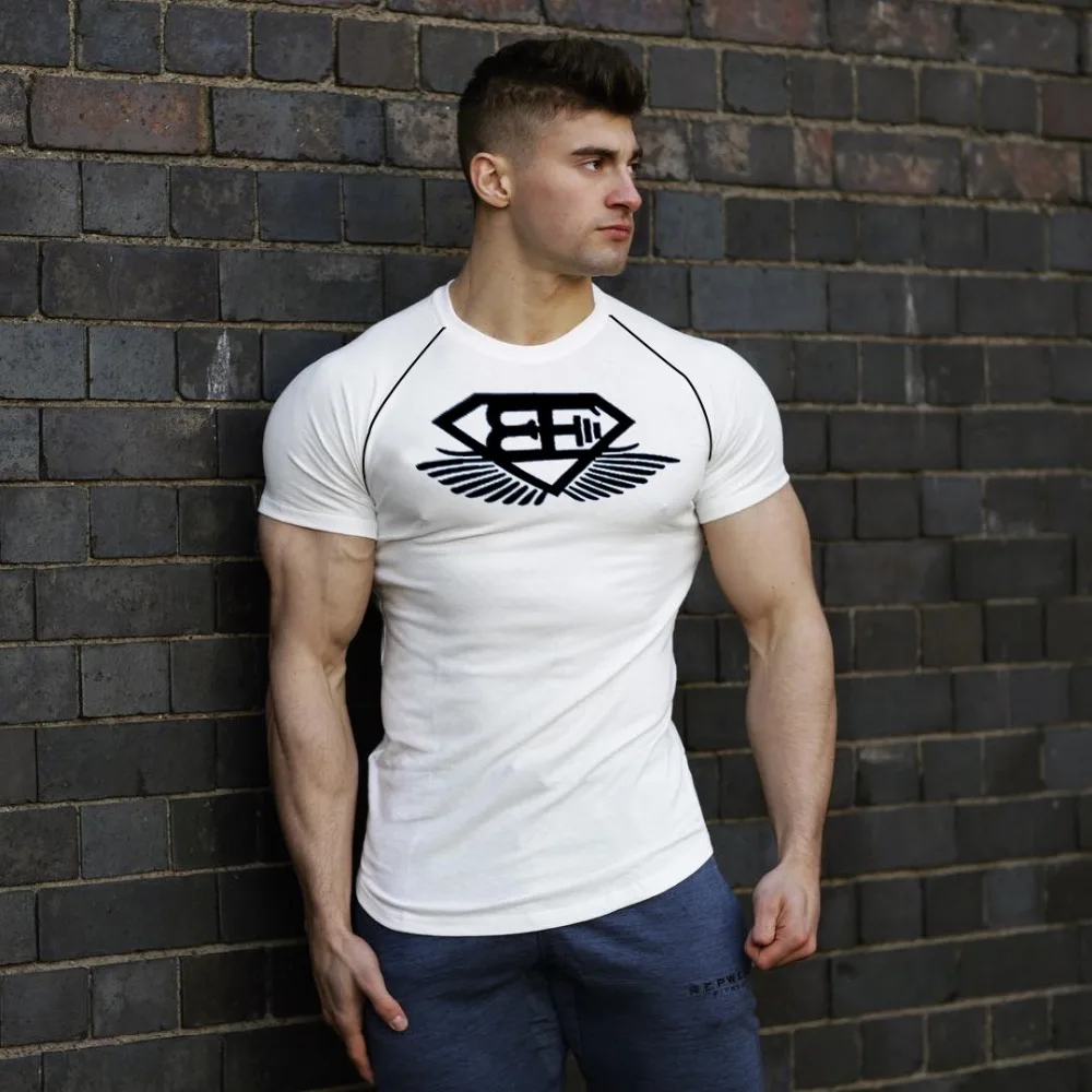 Men's Running T-shirt Cotton Printing Short Sleeve Sports T-shirt Slim Fit Male Clothing Big Size M-2XL