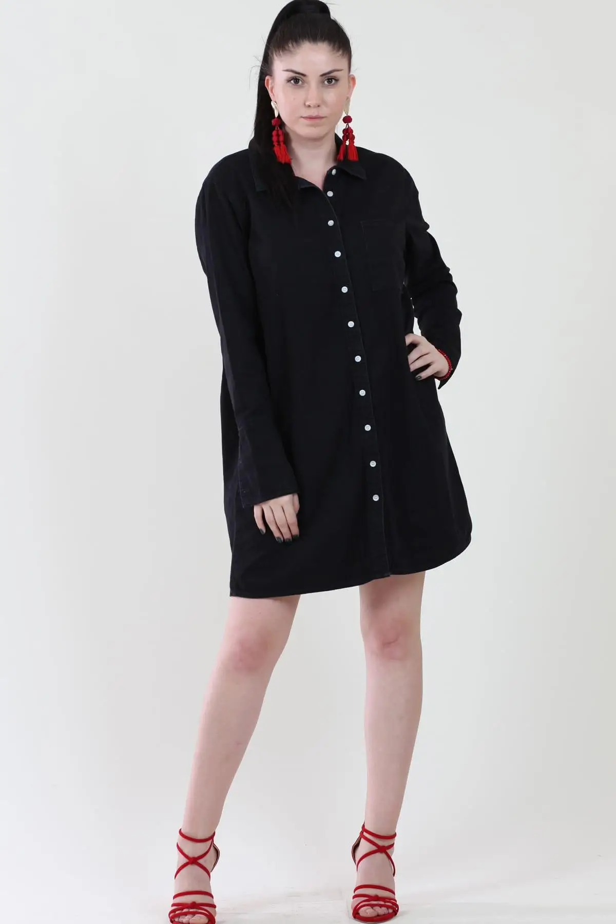 Sans Textile женская черная джинсовая ткань Передняя кнопка карман Деталь Платье