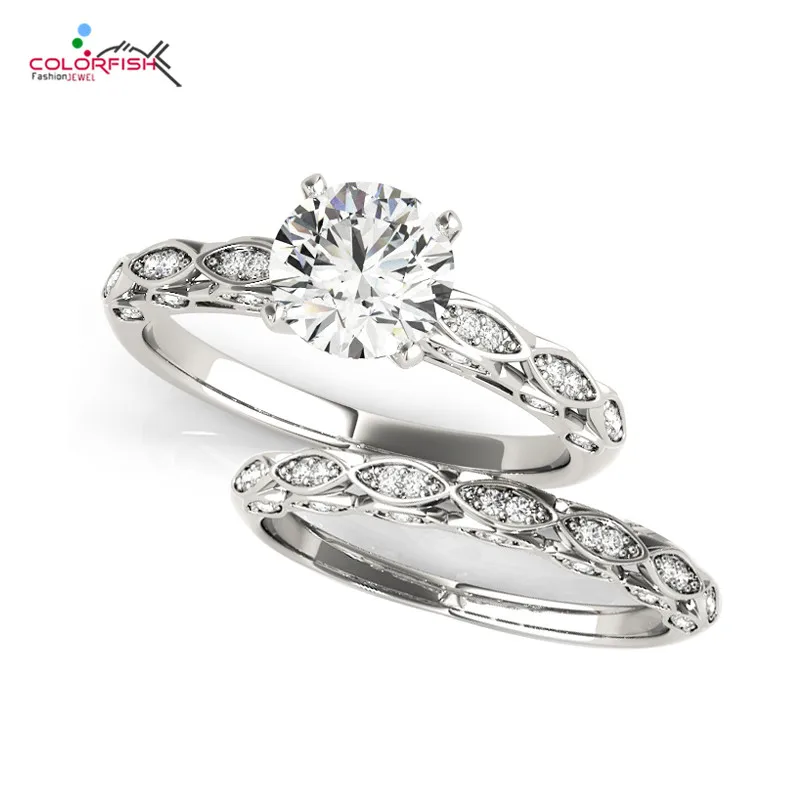 

COLORFISH Real 925 Sterling Silver 0.5 Ct Solitaire Wedding Ring Set Engagement Band AAAAA Round SONA Fashion Jewelry For Women