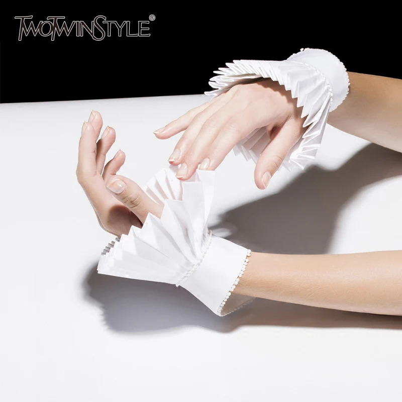 

GALCAUR Pleated Raglan Sleeves With Gloves Women Ruffles White Cuffs Spring Summer 2020 Female Vintage Fashion Accessories