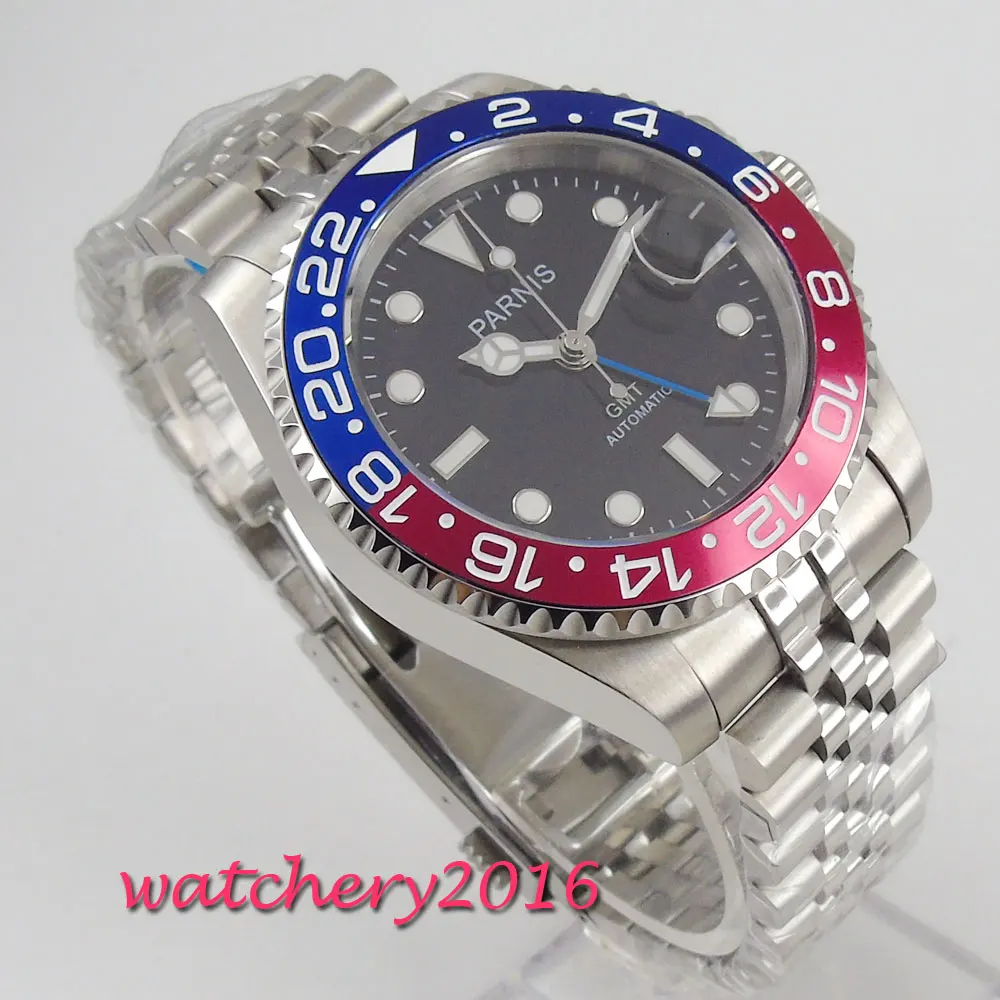 

40mm PARNIS Mechanical Watches rotating Blue Red Bezel black dial GMT luminous mark sapphire glass automatic movement Mens Watch