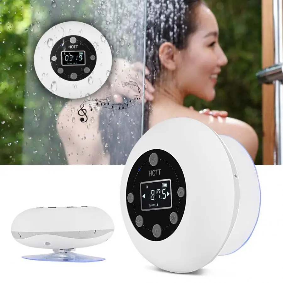 

Bluetooth Speaker Mini Wireless Waterproof Shower Speaker with Suction Cup Time Digital Display FM Radio Mic Handsfree Steore