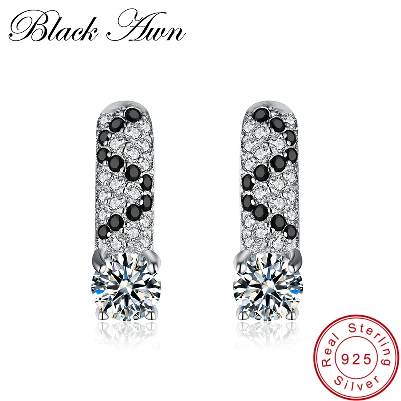 [BLACK AWN] Genuine 1.2g 925 Sterling Silver Fine Jewelry Eyes Black Spinel Stone Engagement Stud Earrings for Women T122 | Украшения и