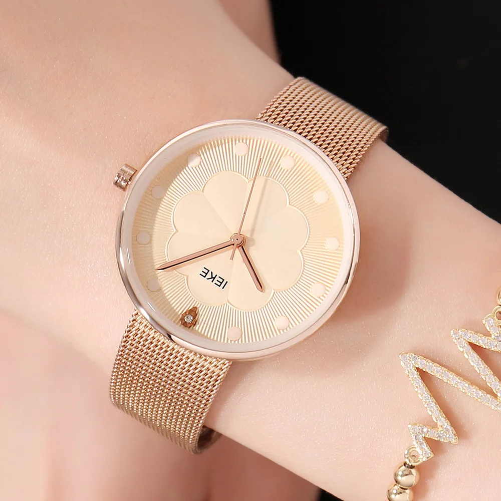 Женские часы класса люкс из нержавеющей стали розового золота с сетчатым