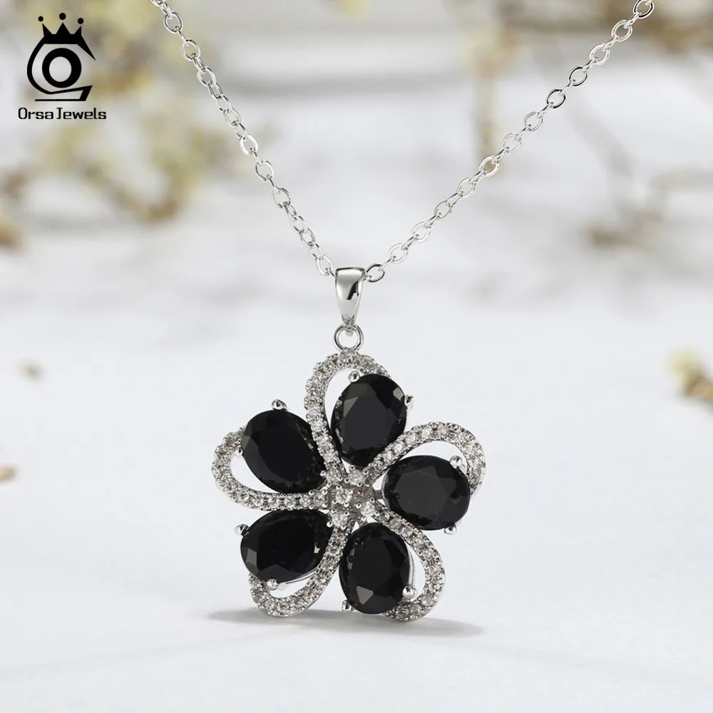 ORSA JEWELS цветок Женские Подвески с цепочкой высшего класса черный AAA CZ женские ожерелья для девушек вечерние ювелирные изделия ON141