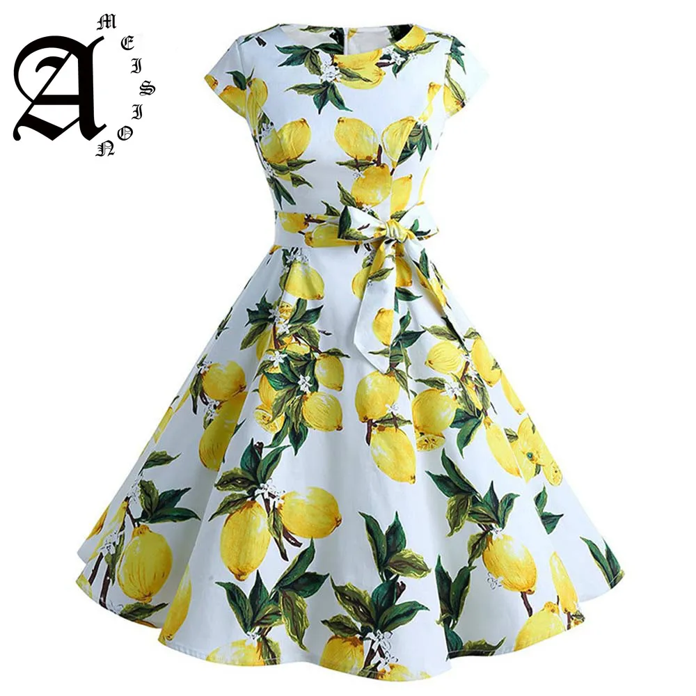 Ameision 2019 Summer Vintage Dresses Lemon Print Floral Knee-Length A Line O Neck 1950s Style Elegant Party Dress Sashes | Женская