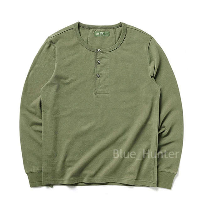 Army Green Красный ветер Винтаж с длинным рукавом Henley футболки мужские хлопковые рубашки на пуговицах ребристые манжеты - Цвет: Army Green