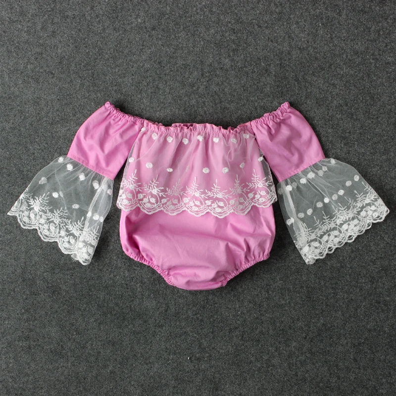 lovable Infant Newborn Baby Girls Pink Lace Off Shoulder Polka Dot Flared Sleeves Rompers Jumpsuit Outfits 0-24M | Мать и ребенок
