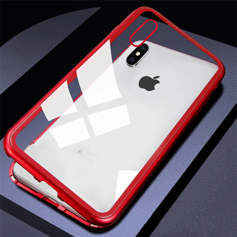 Магнитный адсорбционный чехол для телефона для iPhone 6, 6s, 7, 8 Plus, Защита экрана для iPhone X, XR, XS, Max, закаленное стекло, откидной металлический чехол - Цвет: Transparent Red