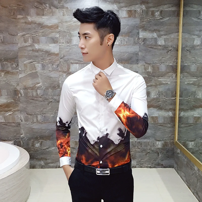 Мужская рубашка с длинным рукавом принтом в виде пламени|men long sleeve shirt|pattern shirtshirt
