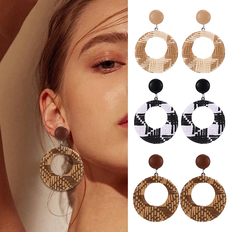 Серьги HOCOLE из ротанга ручной работы круглые серьги-капельки бамбуковой косы