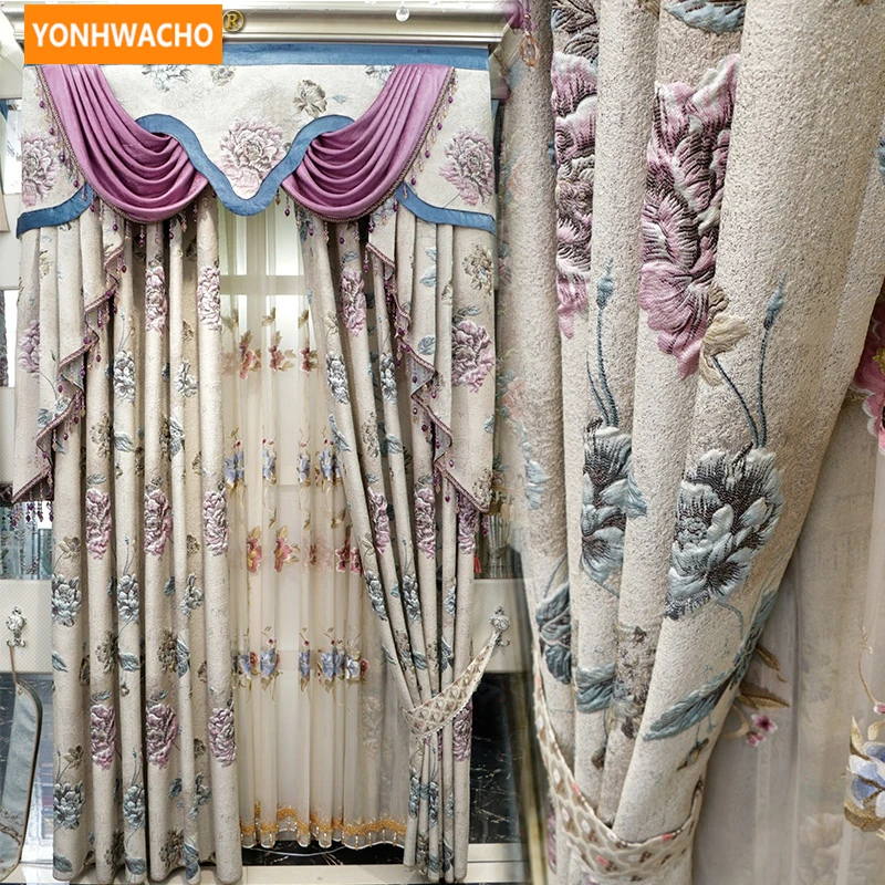 

Custom curtains European living room High precision jacquard American pastoral cloth blackout curtain tulle valance drape N769