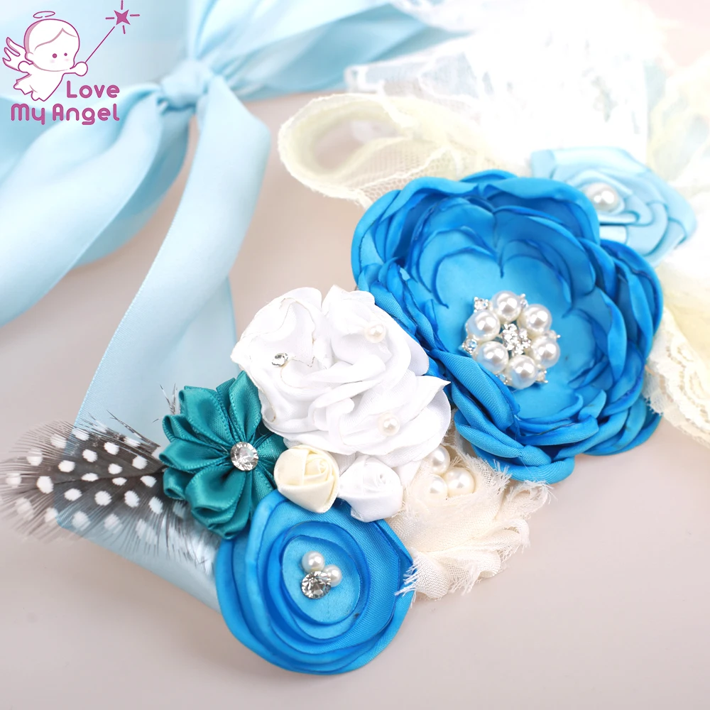 1 шт. синий пояс для беременных атласный с перьями кружевной цветами маленьких