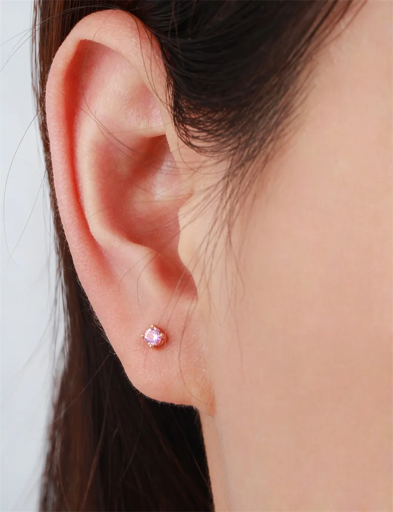 Милый желтое золото Цвет Четыре коготь круглый розовый cz мини небольшой Серьги