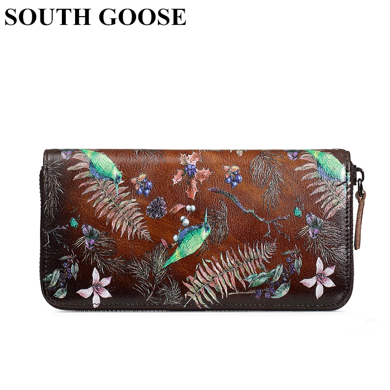 SOUTH GOOSE Genuine Leather Women Clutch Wallet Female Long Vintage Zipper Purse Printing Birds Lady Card Holder Strap Money Bag