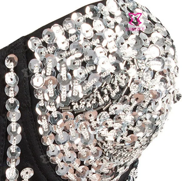 Женский бюстгальтер с чашками пуш-ап серебристый блестками и бусинами в стиле