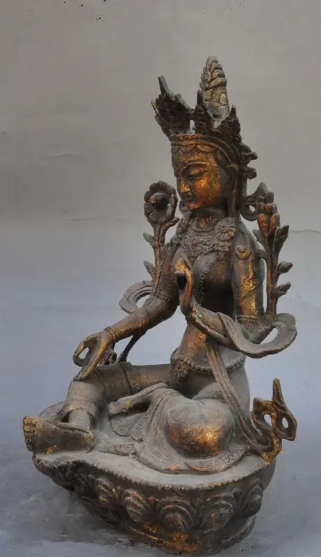 Старая тибетская медная позолоченная Джосс Зеленая Тара Кван-Инь Гуань Инь