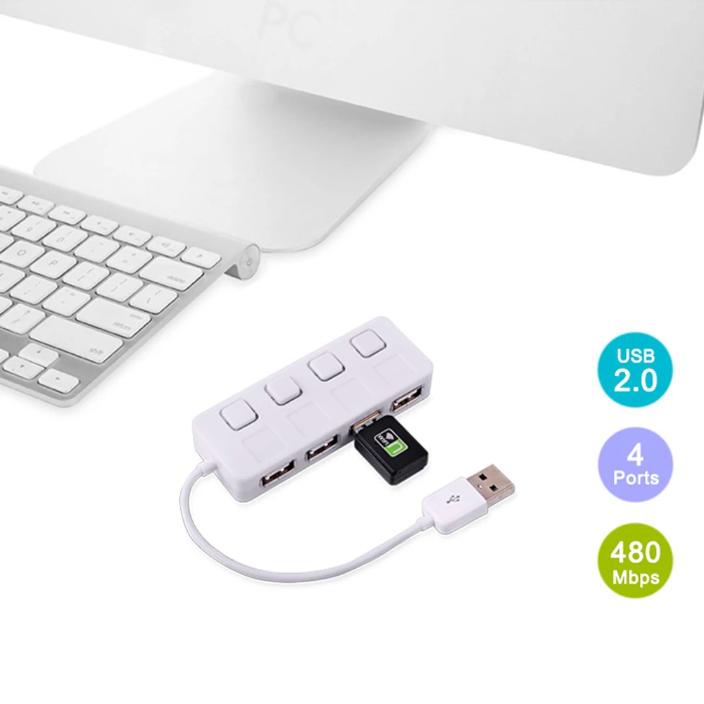 Высокоскоростной тонкий 4 порта USB 2,0 концентратор светодиодный usb-хаб разветвитель с выключателем питания для ноутбука ПК черный/белый