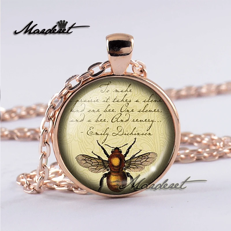 Maderet Emily Dickinson poems Glass Cabochon Necklace Handmade Jewelry Vintage Bee Dome Art Round Retro Pendant | Украшения и