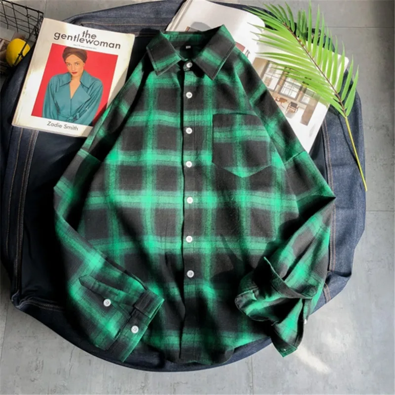 Spring Autumn Male Plaid Shirts INS Style White Red Black Long Sleeve Oversized Simple Top Shirt Plus Size | Мужская одежда